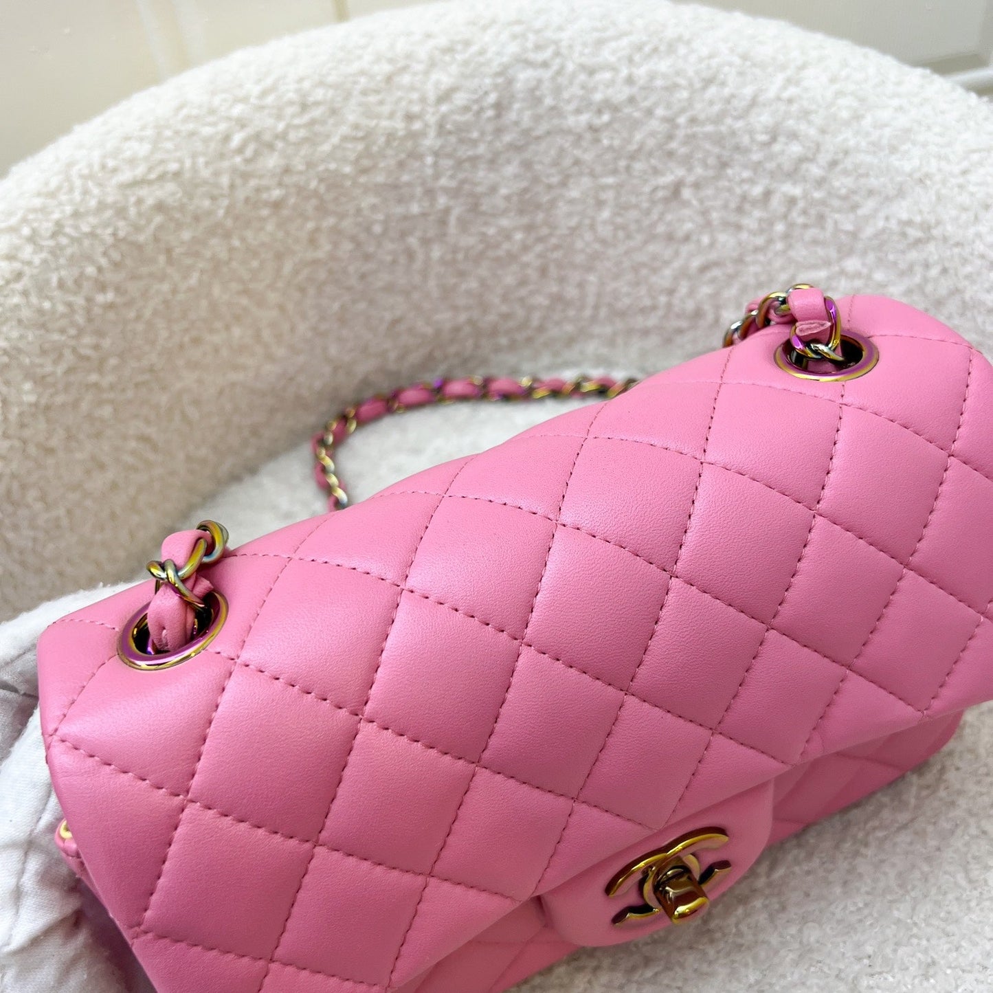 Chanel Classic Mini Rectangle Flap in 21P Pink / Yellow Lambskin and Rainbow HW