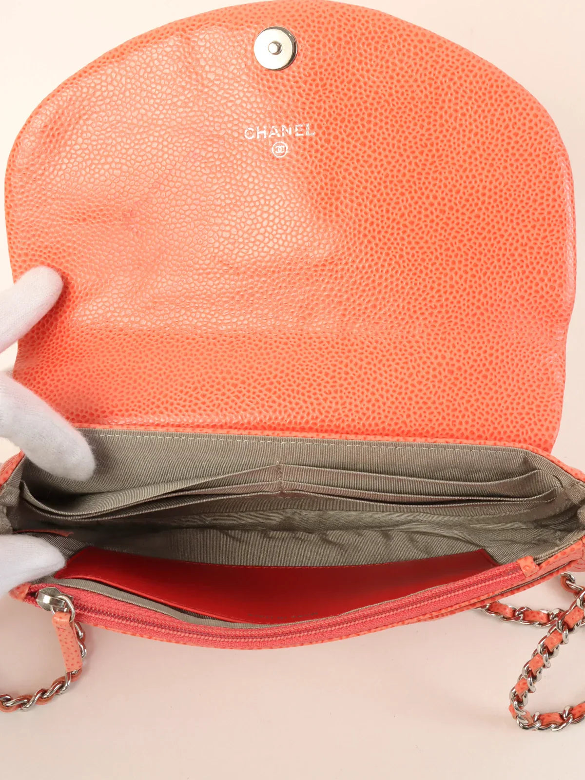 Chanel Around Made Caviar Skin Cc Mark Stitch Wallet On Chain Salmon Pink