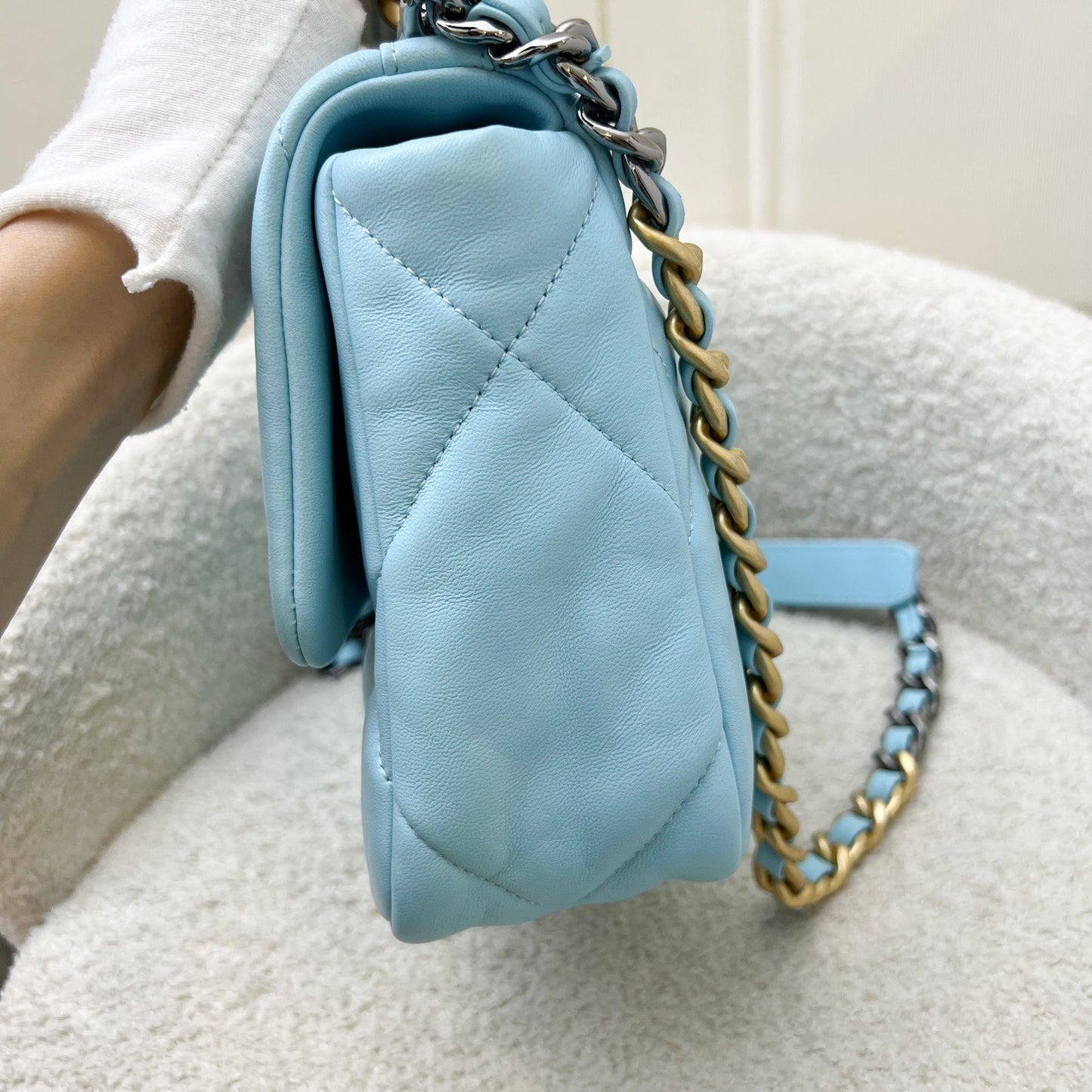 Chanel 19 Small Flap in Sky Blue Lambskin and 3-Tone Hardware (Model: AS1160)