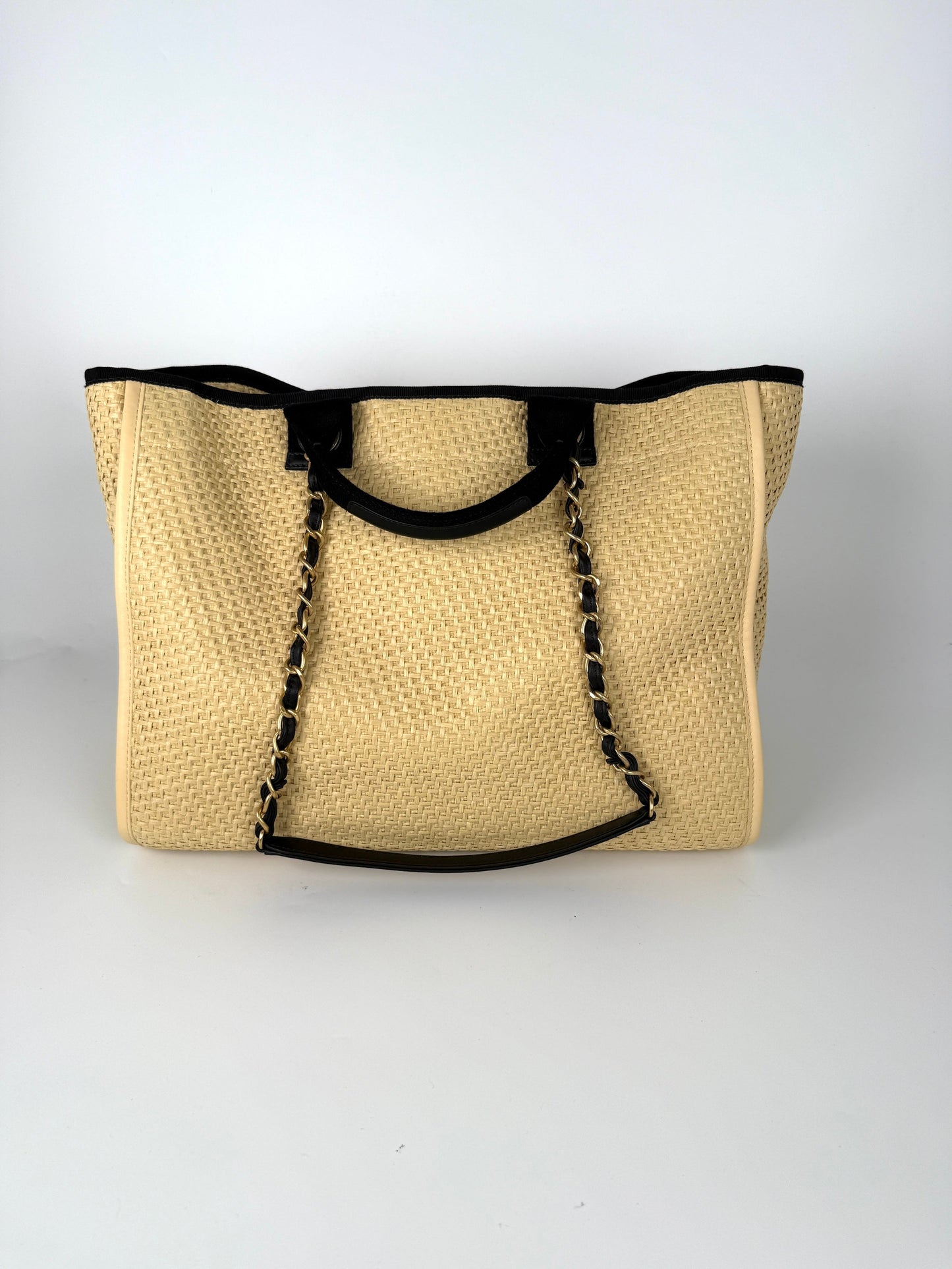 CHANEL Deauville Straw Raffia Calfskin Beige Medium Shopping Tote