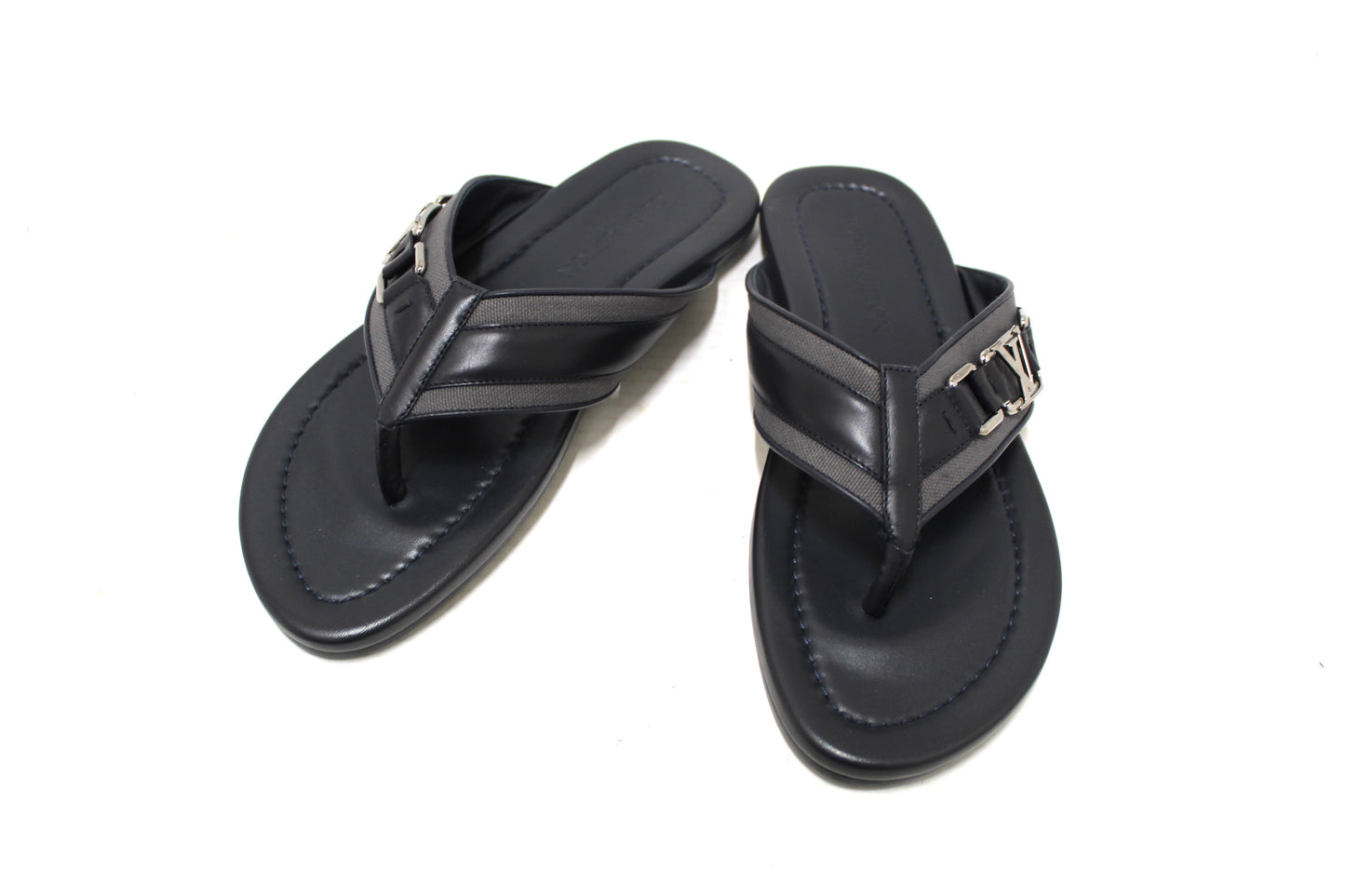 New Louis Vuitton Black Leather Atoll Thong Slipper Sandals Shoes Size 8
