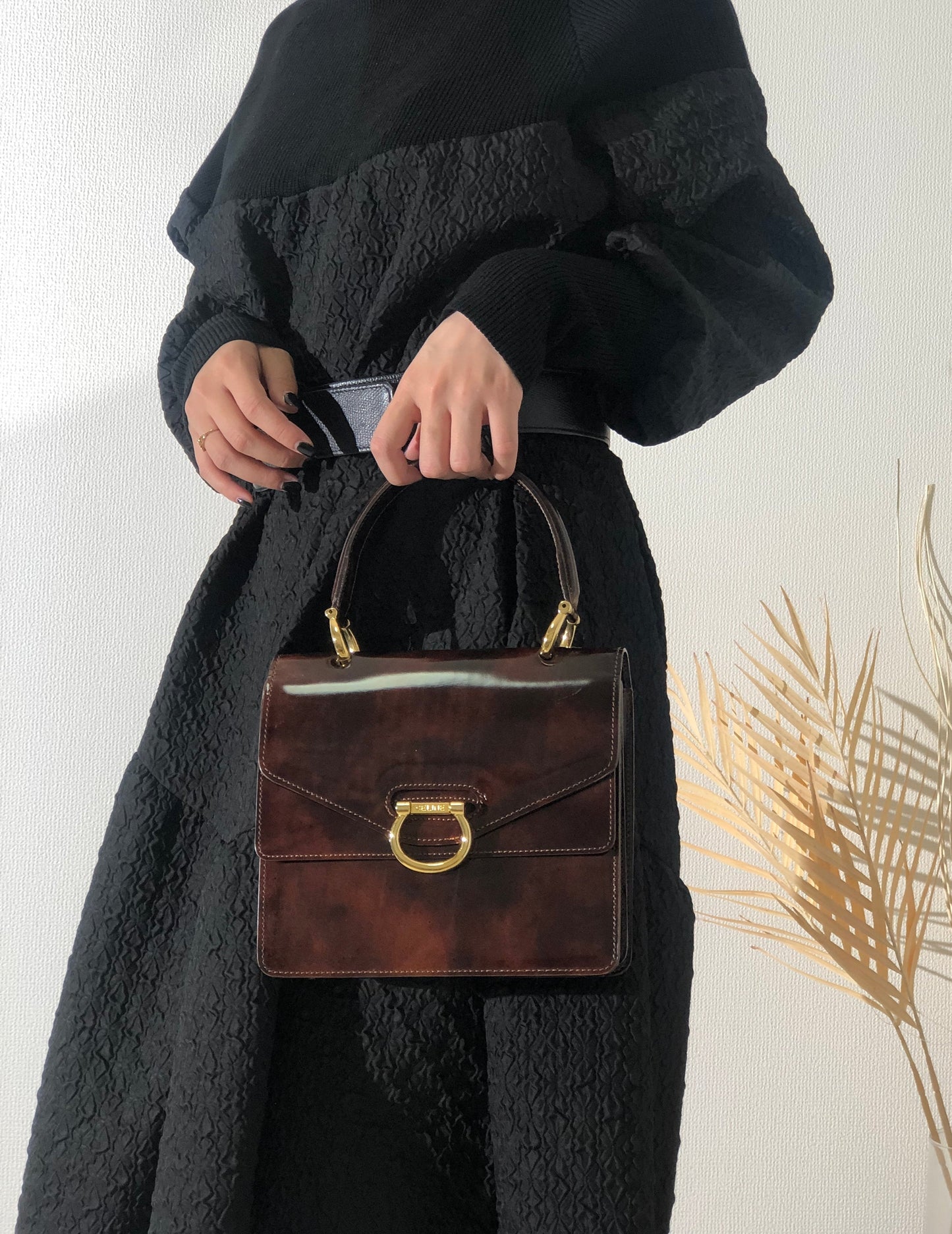 CELINE Gancini Double flap Tortoiseshell patent leather Handbag Brown Vintage OldCELINE pb5ea5