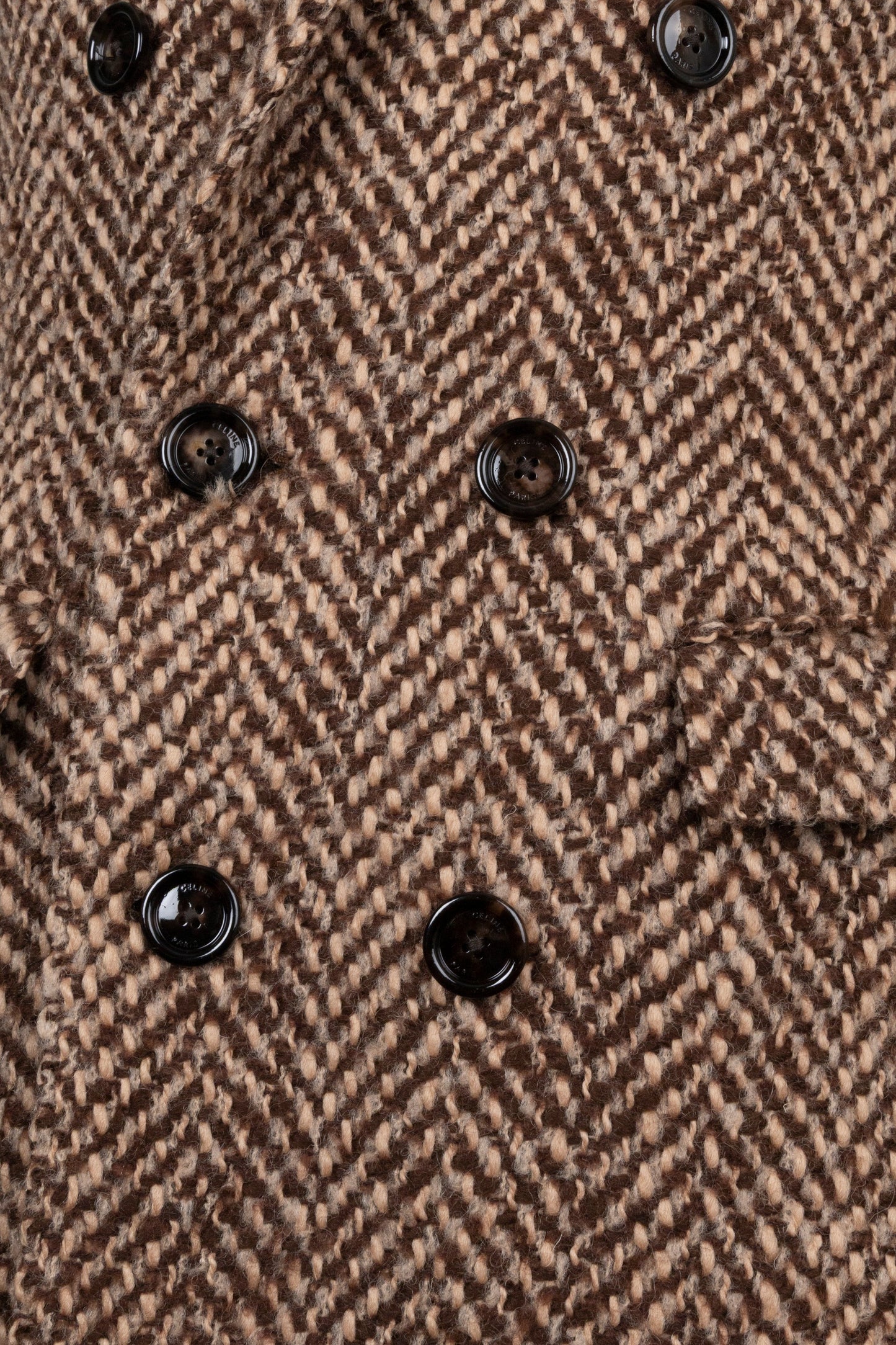 CELINE Double Breasted Herringbone Coat Brown