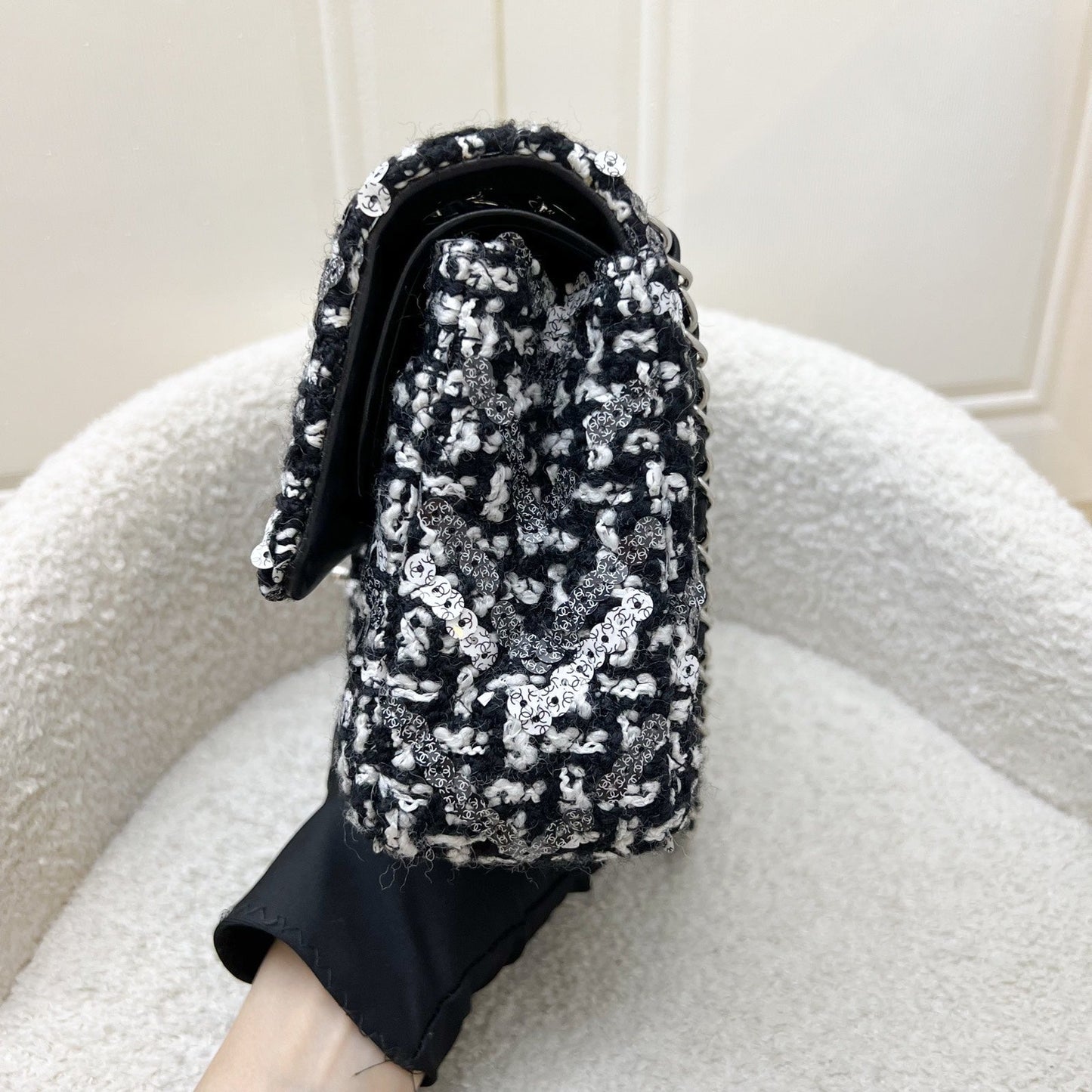 Chanel Medium Classic Flap CF in Tweed, Black and White Sequins and SHW