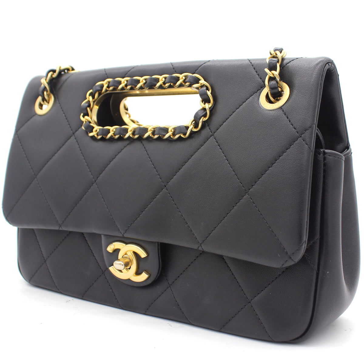 Black Quilted Smooth Calfskin Leather Jumbo Chain Detail Handle Flap Bag