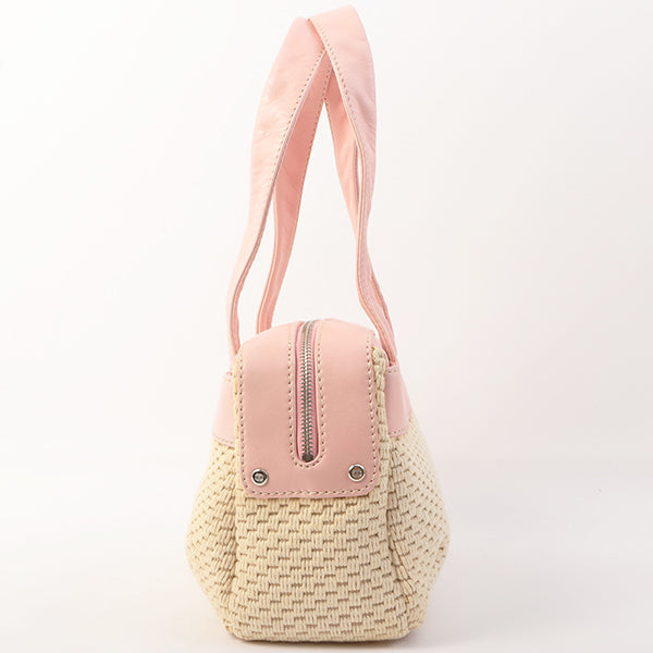 Chanel Around 2005 Made Cotton Leather Combination Logo Embossed Top Handle Bag Beige/Pink