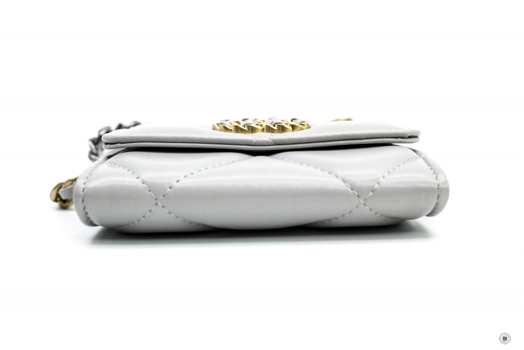 Chanel AP1787B04852 19 Flap Coin Purse With Two Tones Gold And Gunmeta Light Grey NC634 Lambskin Short Wallet Gbhw