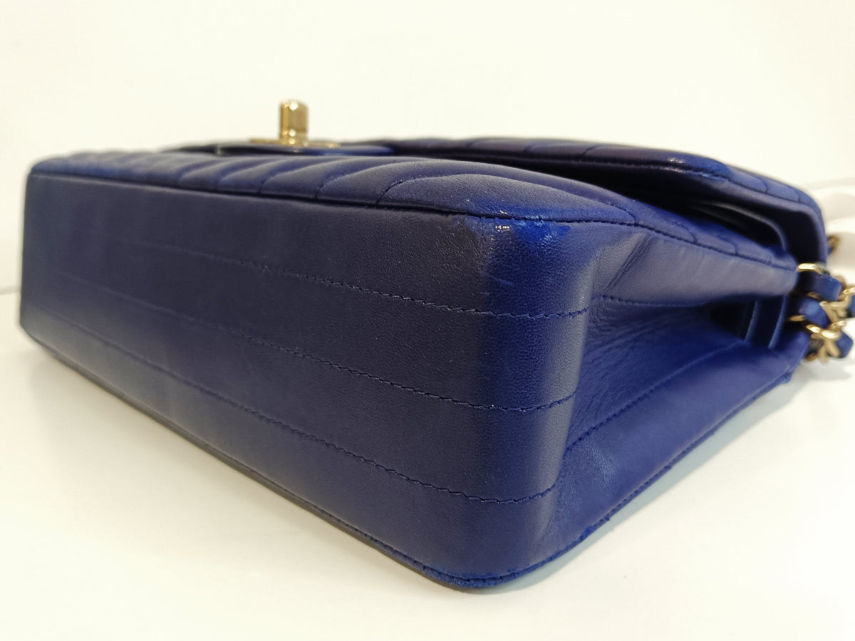 CHANEL CLASSIC DOUBLE FLAP (2122xxxx) MEDIUM BLUE CHEVRON LAMBSKIN GOLD HARDWARE, WITH , NO DUST COVER