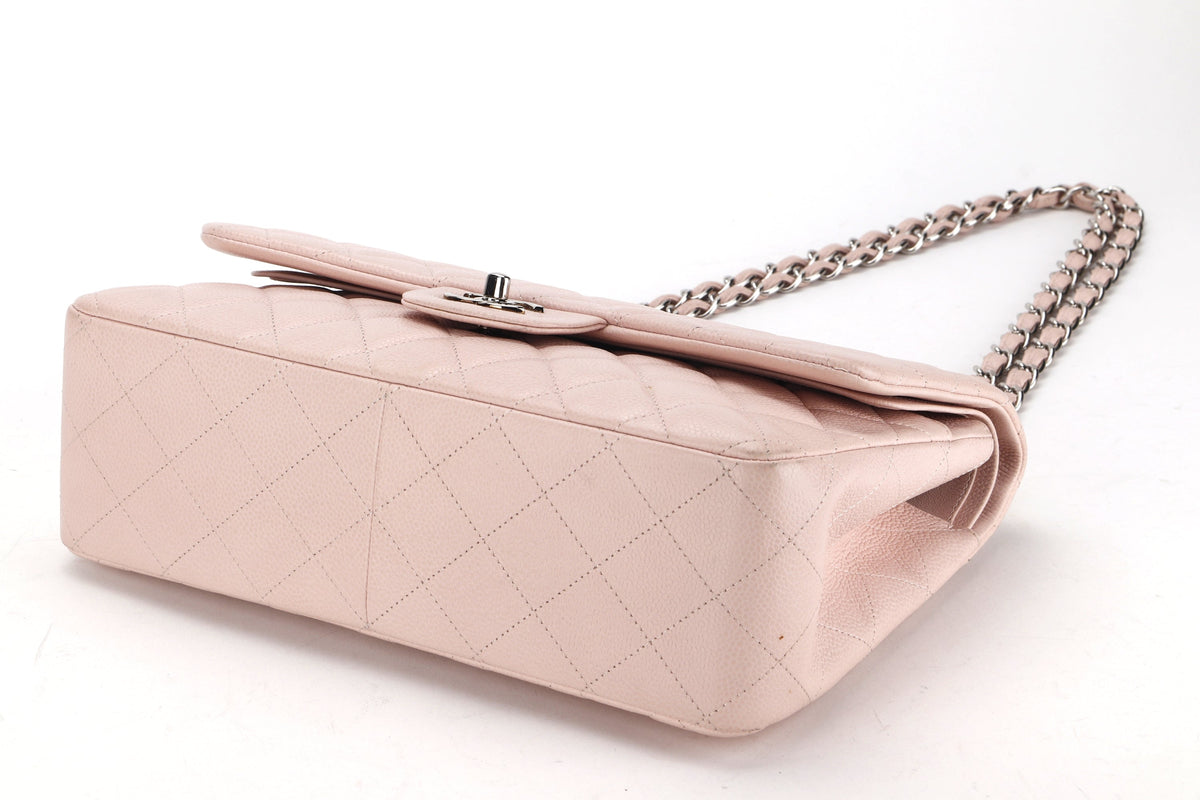 CHANEL DOUBLE FLAP BAG (1893xxxx) JUMBO LIGHT PINK CAVIAR LEATHER SILVER HARDWARE, WITH DUST COVER, NO