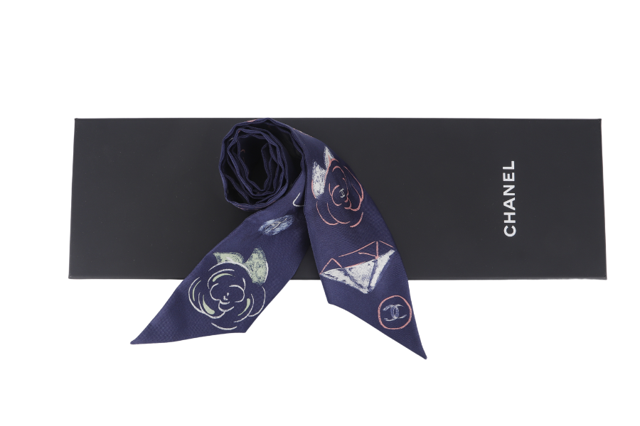 CHANEL TWILLY SCARF CAMELLIA REVIRSIBLE BLUE SILK WITH BOX