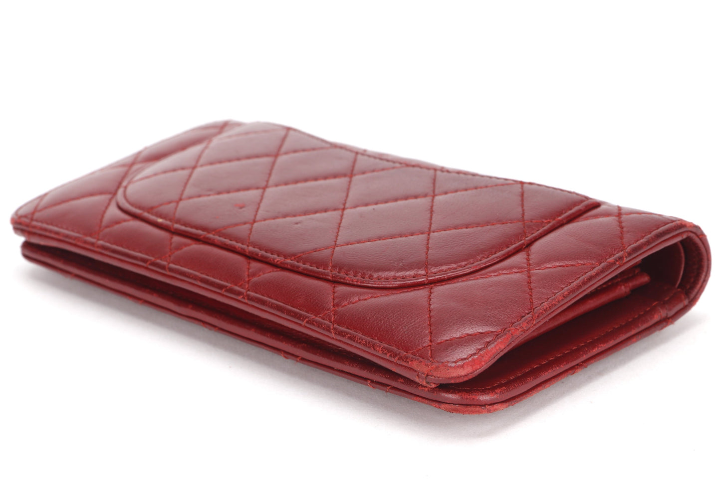 CHANEL BIFOLD WALLET (1679xxxx) RED LAMBSKIN SILVER HARDWARE, WITH & BOX