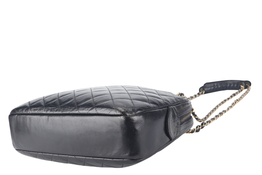 CHANEL VINTAGE CAMERA BAG (117xxxx) MEDIUM BLACK LAMBSKIN QUILTED GOLD HARDWARE NO DUST COVER