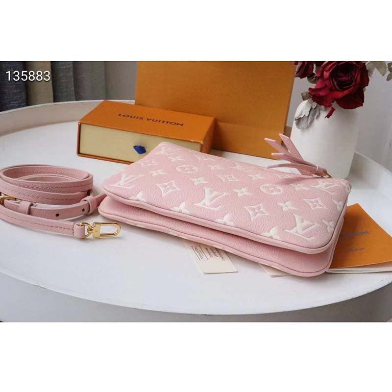 Louis Vuitton Double Zip Pochette Pink Monogram Empreinte Embossed Supple Grained Cowhide