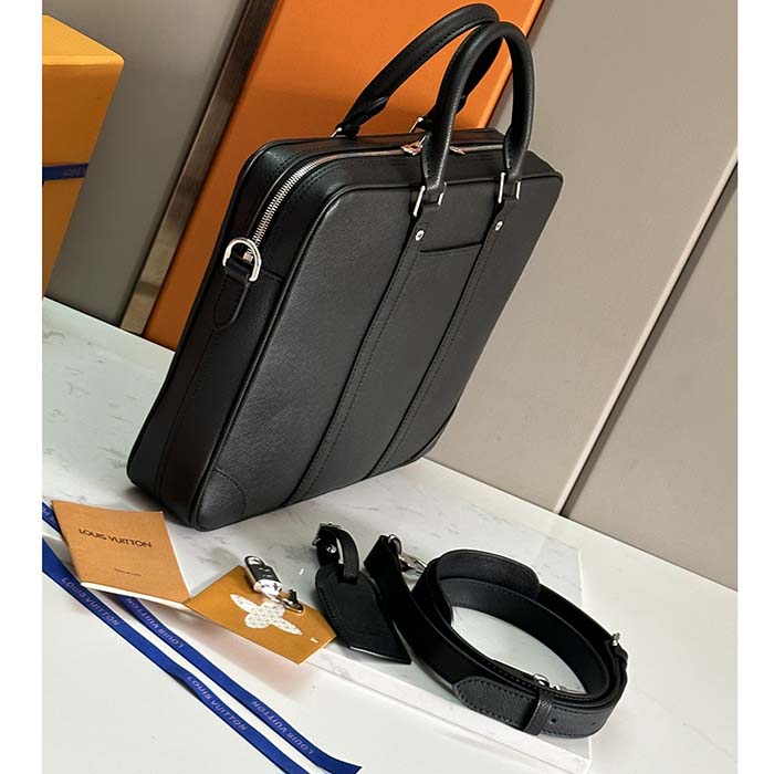 Louis Vuitton LV Uniisex Porte-Documents Voyage PM Black Taiga Noir Cowhide Leather