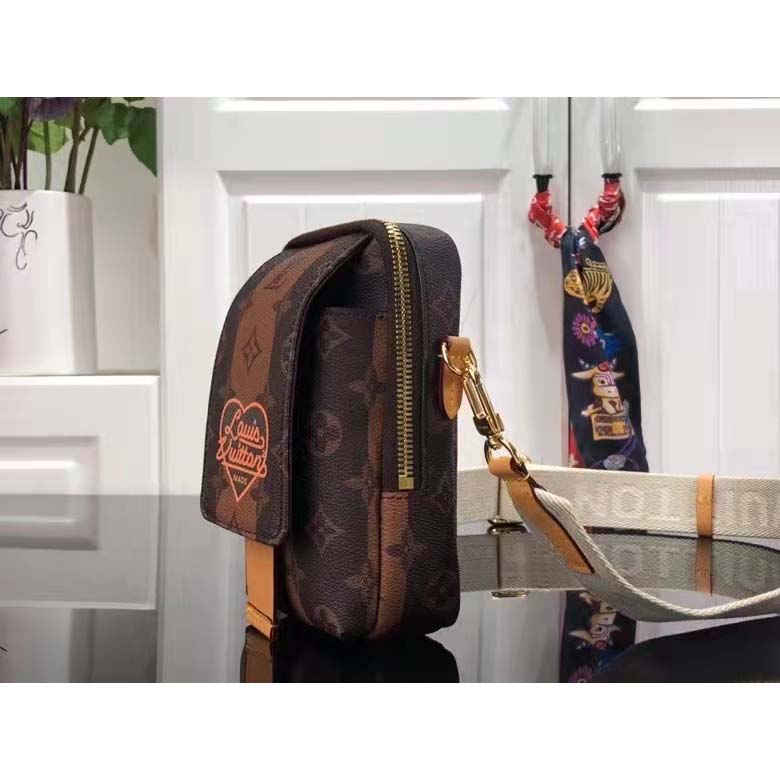 Louis Vuitton LV Unisex Flap Double Phone Pouch Monogram Stripes Brown Coated canvas