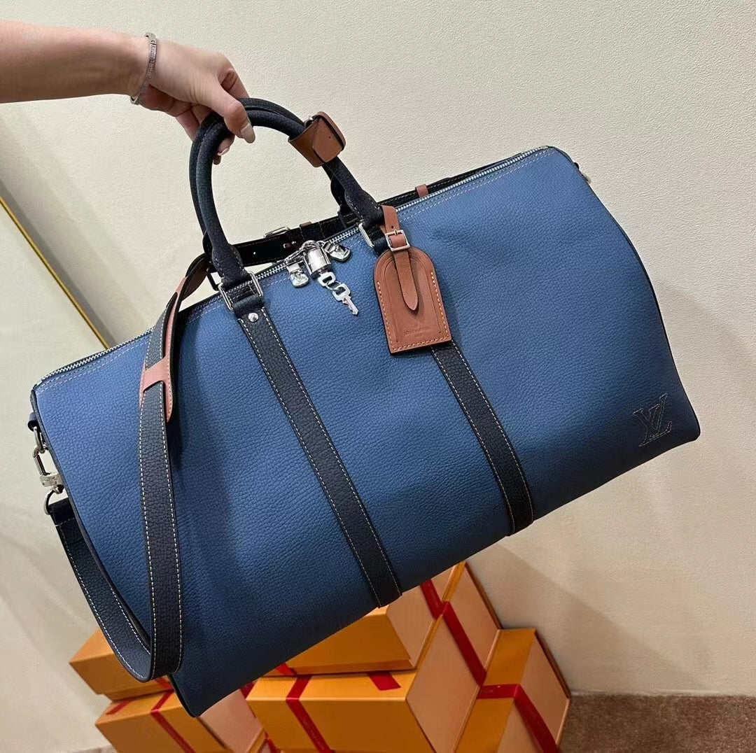 Louis Vuitton LV Unisex Keepall Bandoulière 50 Travel Bag Denim Blue Cowhide Leather