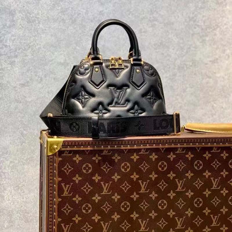 Louis Vuitton LV Women Alma BB Handbag Black Quilted Embroidered Smooth Calf