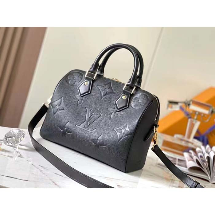 Louis Vuitton Women Speedy Bandoulière 25 Handbag Black Embossed Supple Grained Cowhide Leather