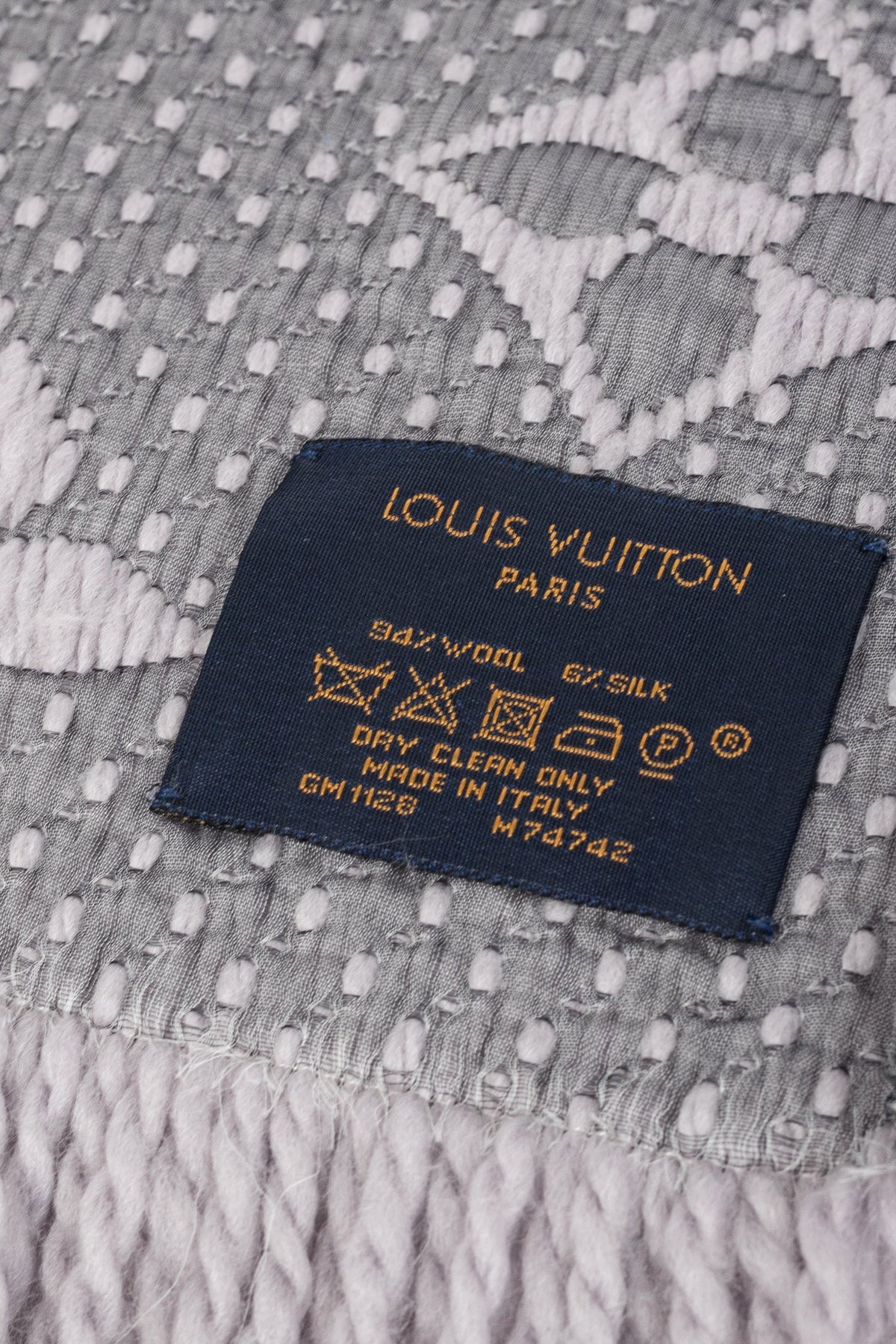 Louis Vuitton Logomania Pearl Grey Wool Monogram Fringe Scarf