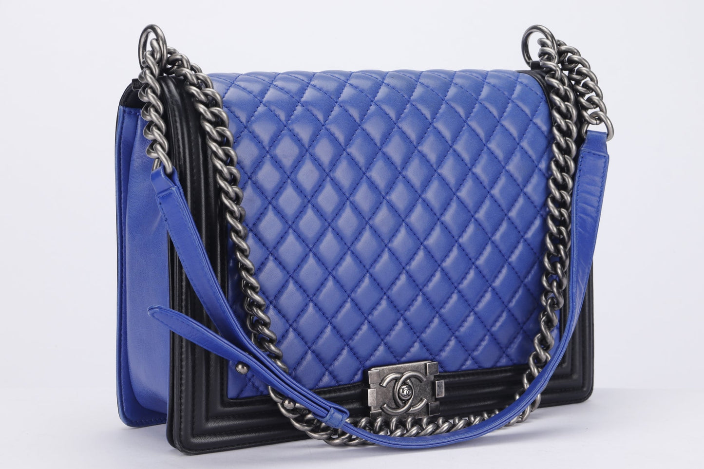 Chanel Le Boy 30cm (1800xxxx) Large Size, Blue with Black Trim Lambskin, Ruthenium Chain, with , no Dust Cover