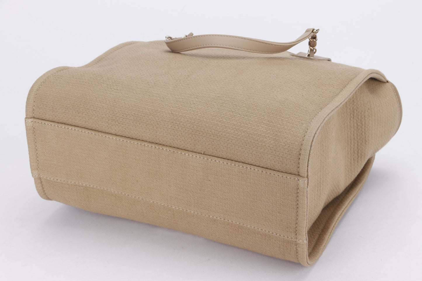 CHANEL AS3351 DEAUVILLE (PLU2xxxx) MM SIZE, KHAKI BEIGE COLOR, CANVAS & LIGHT GOLD CHAIN, WITH DUST COVER & BOX