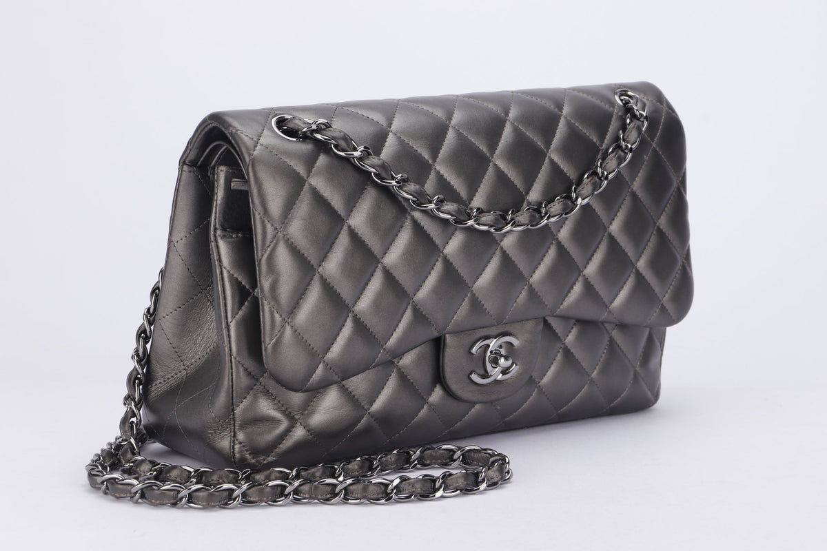 Chanel Classic Flap (1879xxxx) Jumbo Size, Metallic Grey Lambskin, Silver Hardware, with Dust Cover & Box, no