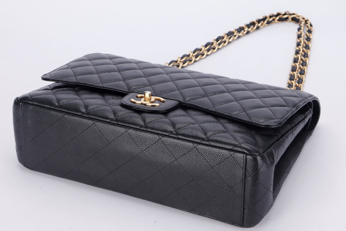CHANEL CLASSIC FLAP MAXI (1971xxxx) BLACK CAVIAR LEATHER, GOLD HAREDWARE, WITH , NO DUST COVER