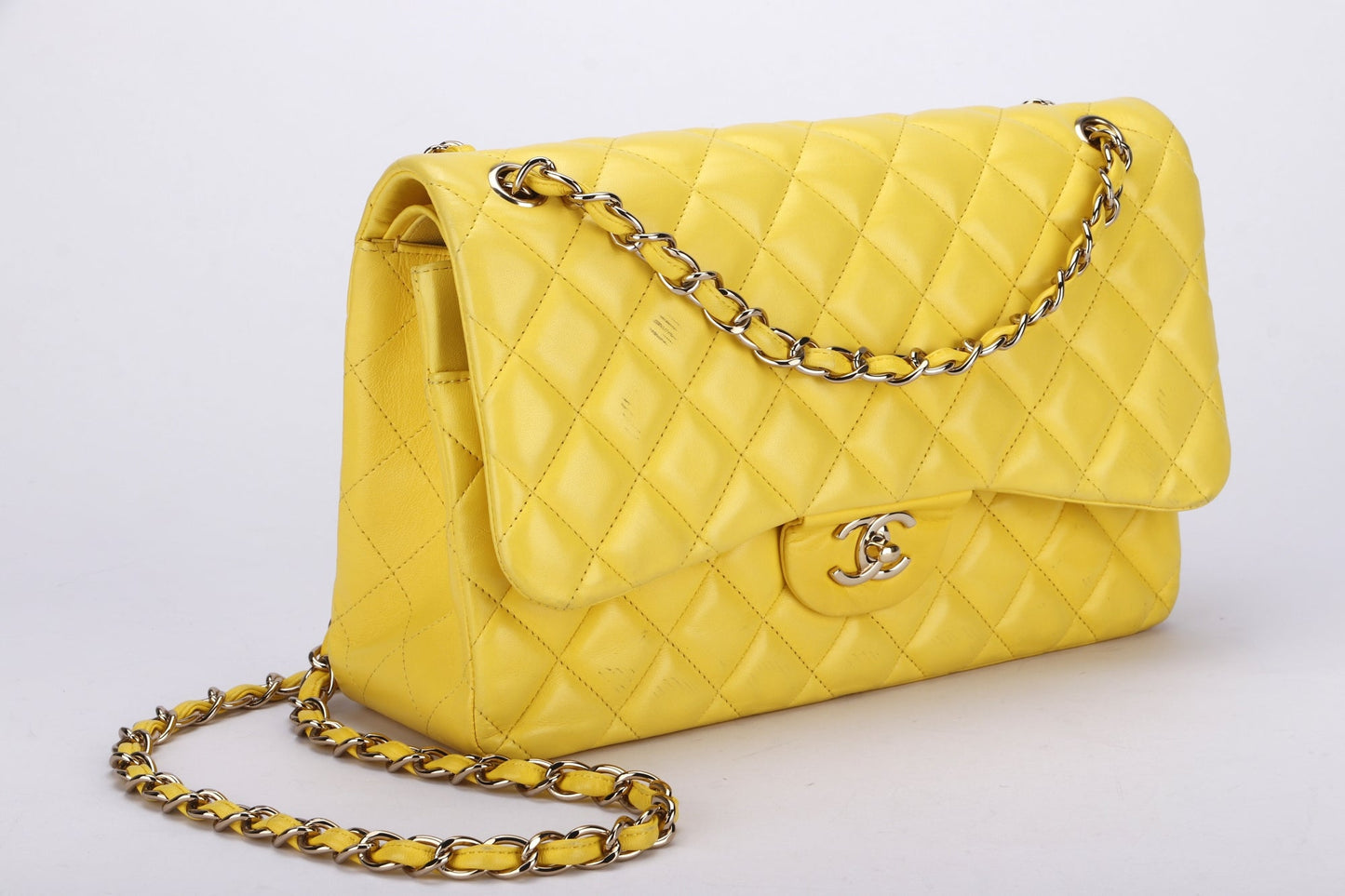 Chanel Classic Flap (1596xxxx) Jumbo Yellow Lambskin, Light Gold Hardware, with , no Dust Cover
