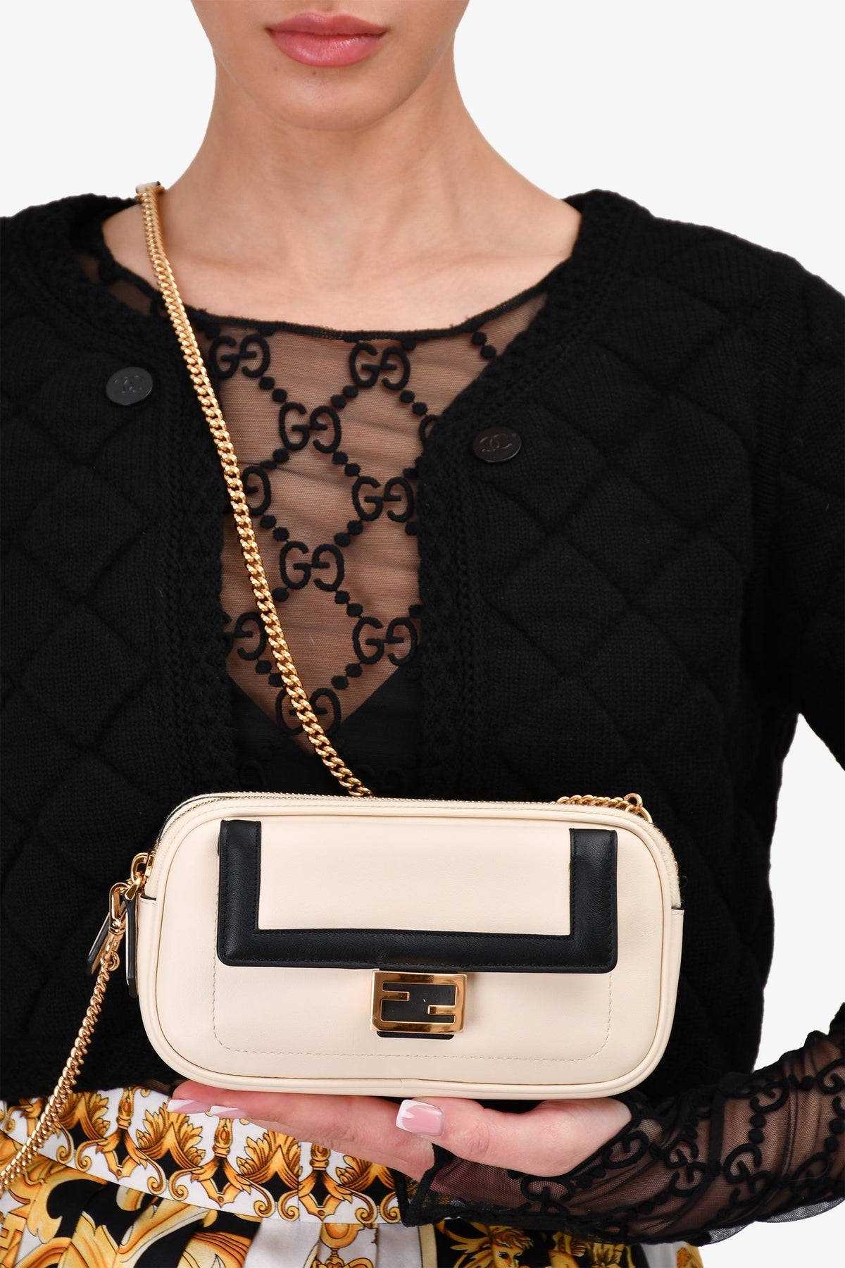 Fendi Cream/Black Leather Mini Baguette
