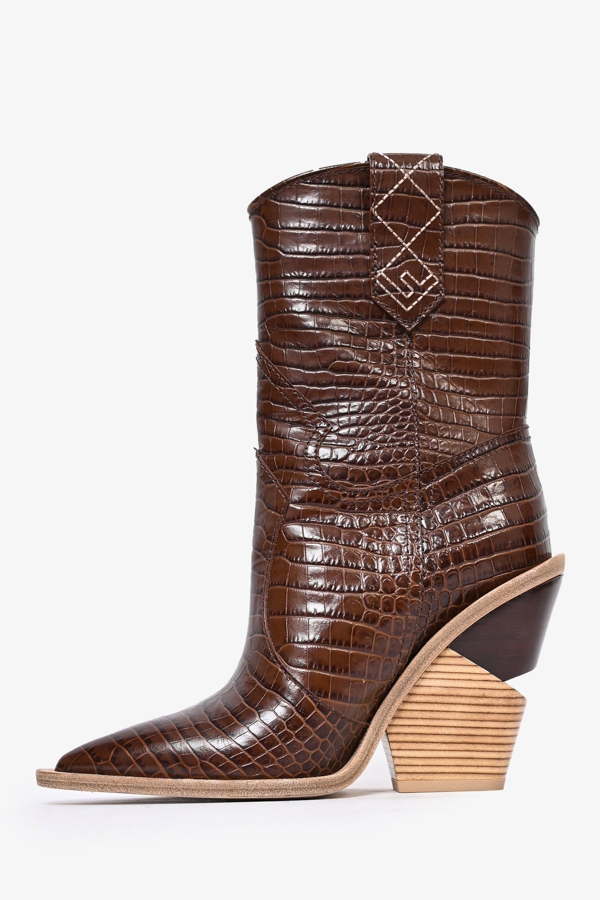 Fendi Brown Croc Embossed Leather Mid Calf Heeled Boots Size 37