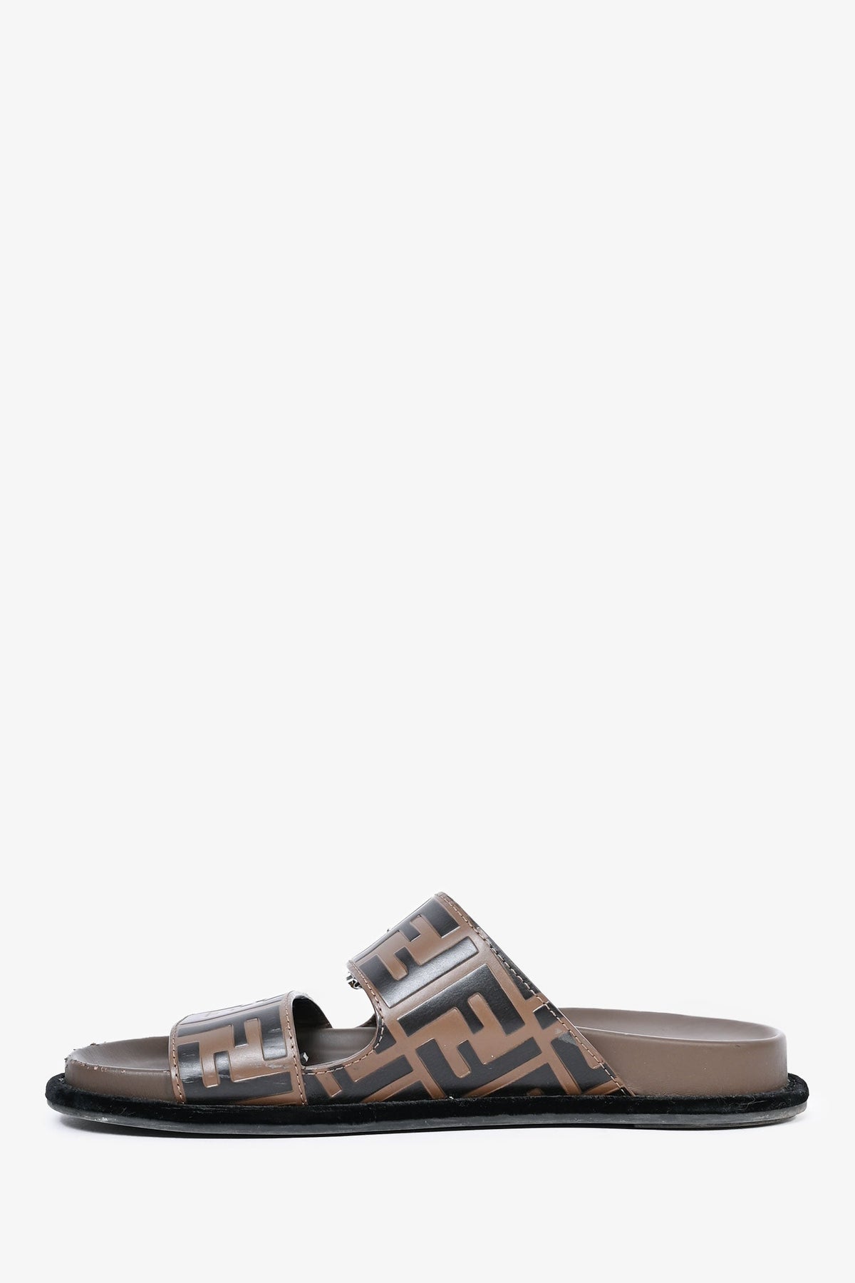 Fendi Brown/Black Zucca Printed Leather Double Strap Sandals Size 38.5 (As Is)