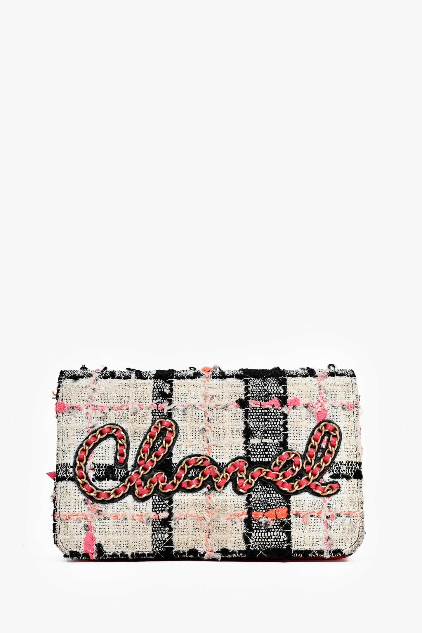 Pre-Loved Chanel™ 2019 Pink/Black/Cream Tweed Wallet On Chain