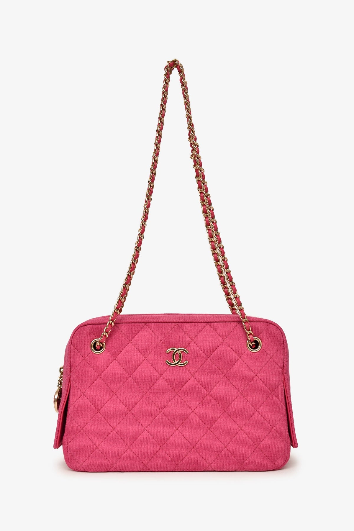 Pre-Loved Chanel™ 2019-20 Fuchsia Quilted Jersey Zip Double Chain Bag