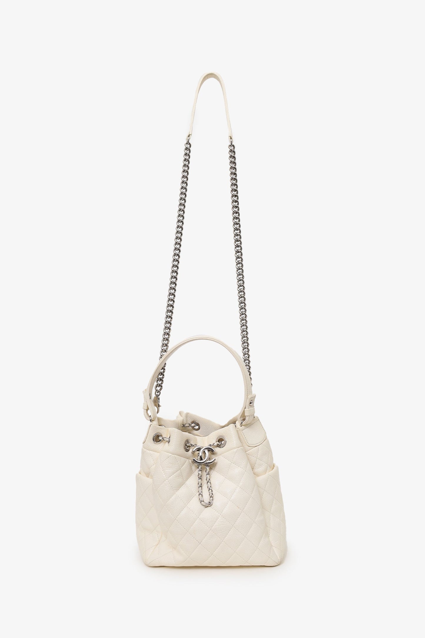 Pre-Loved Chanel™ 2019-20 Cream Caviar Leather CC Chain Drawstring Bucket Bag
