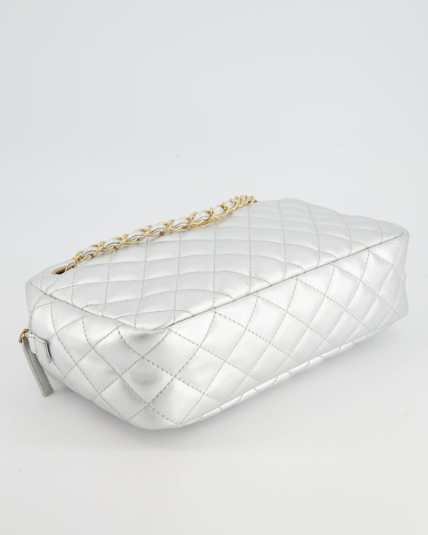 Chanel Metallic Silver Camera Bag in Lambskin With Brushed Gold Hardware