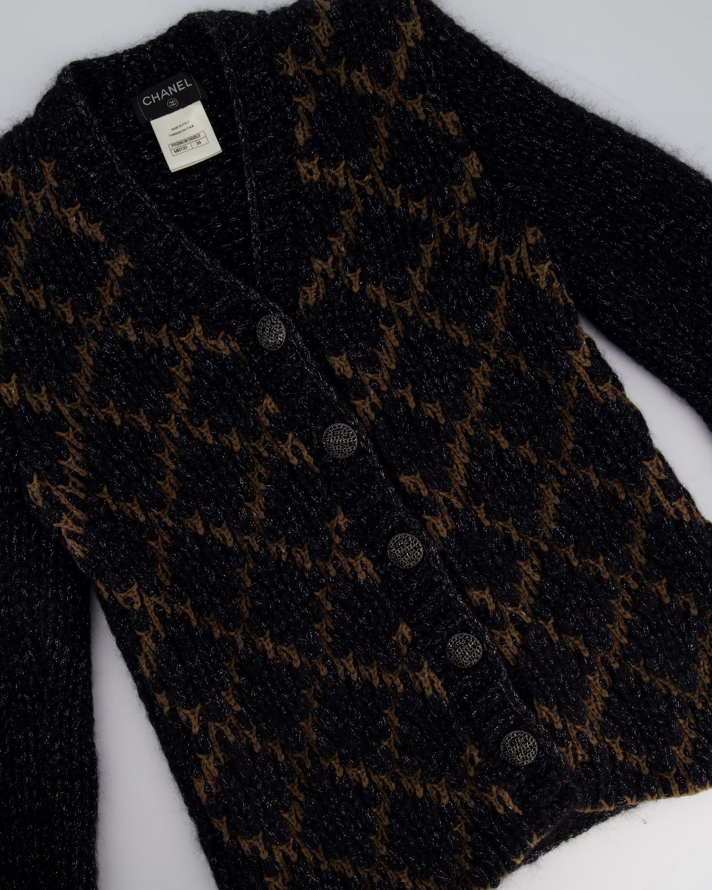 Chanel Black and Brown Quilted Mohair Cardigan with Silver Threads and Black Chain Button Details Size FR 34 (UK 6)