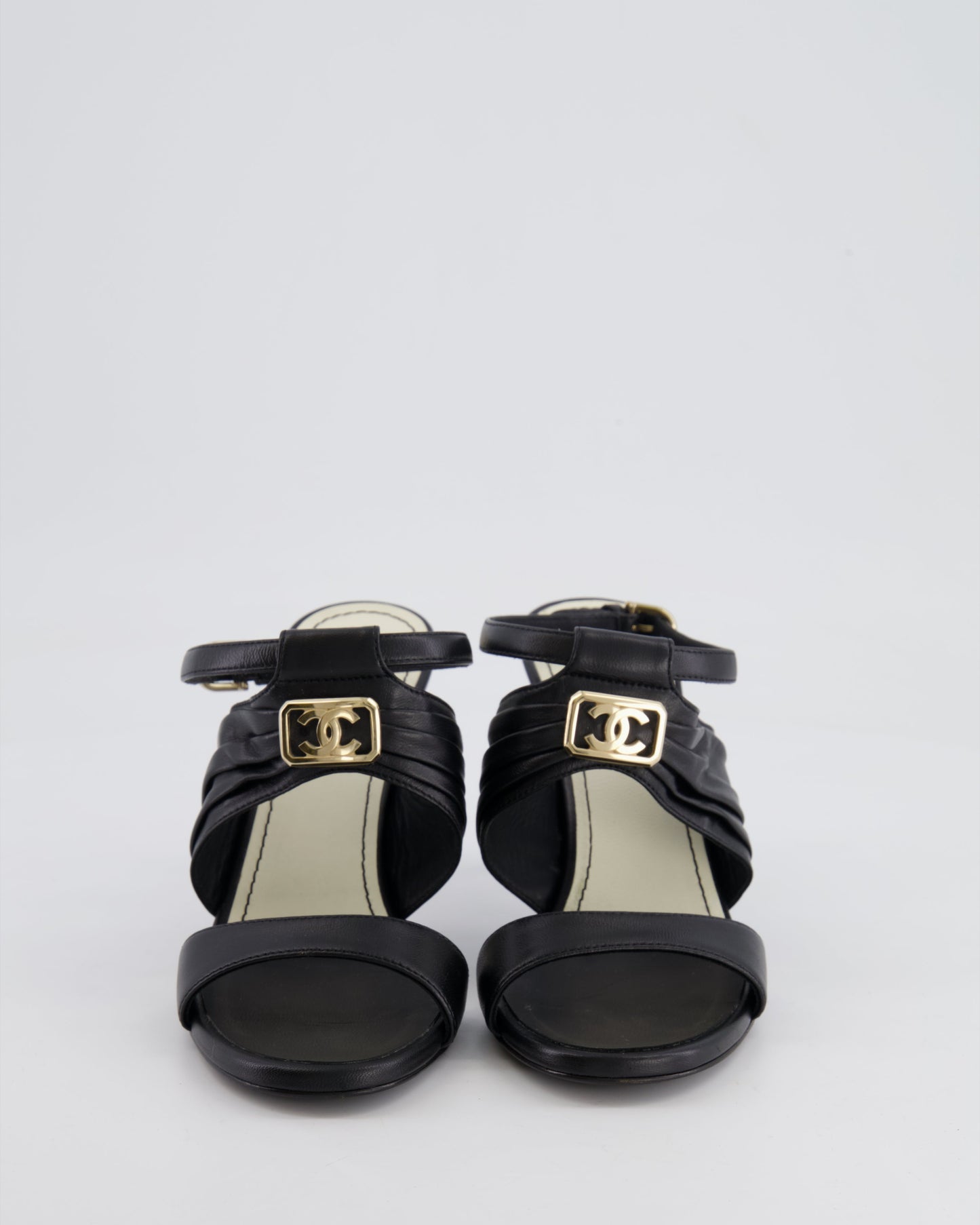 Chanel Black Leather Sandal Heels with Gold CC Details Size EU 37