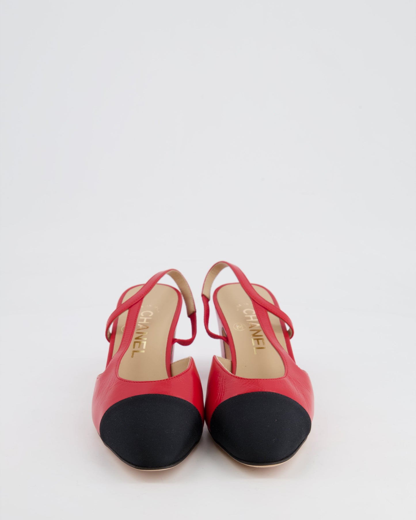 Chanel Red and Black Leather Slingback Shoes with Gold CC Logo Detail Size EU 38.5