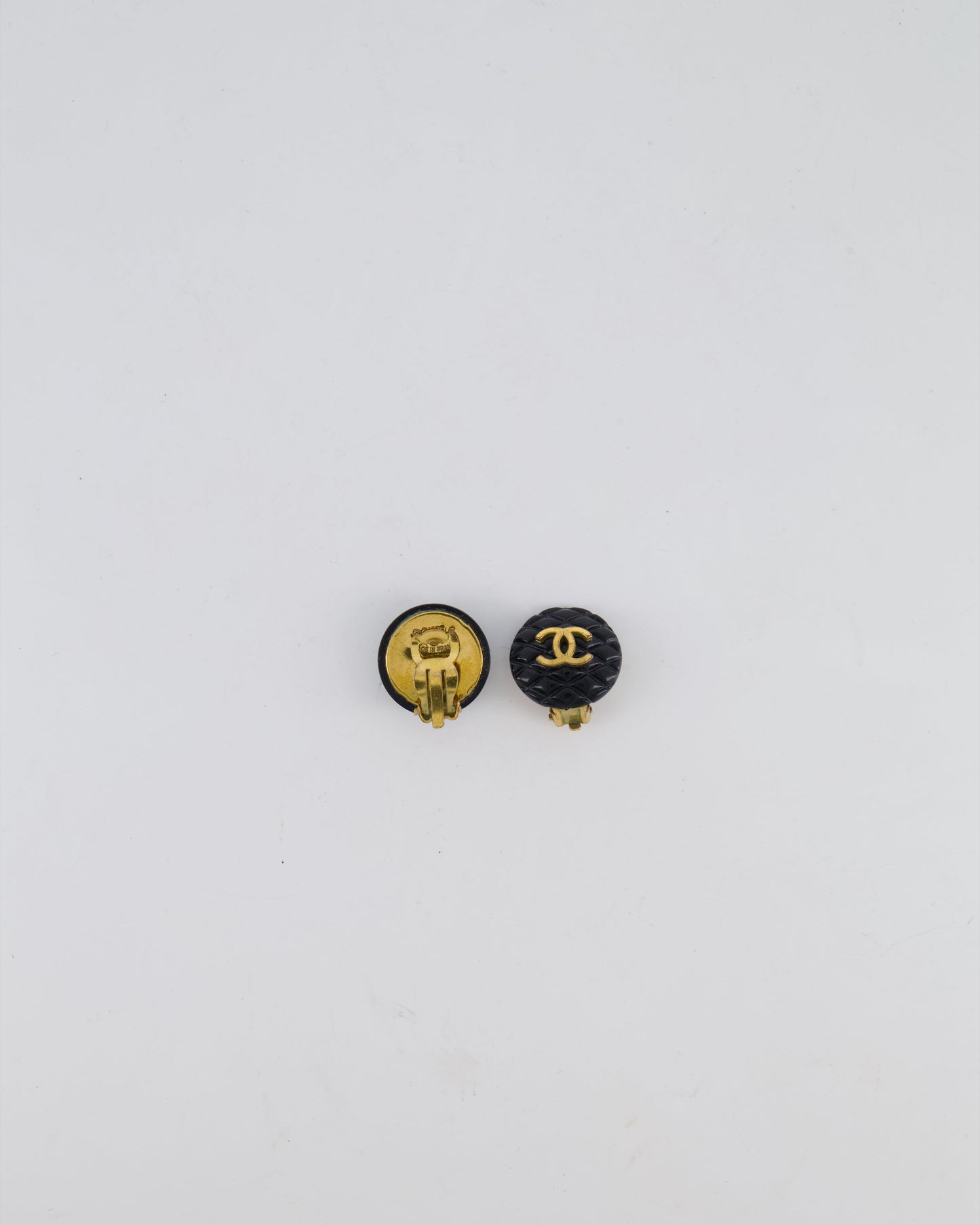 Chanel 94P Vintage Black Matelasse Small Round Clip-On Earrings with Gold CC Logo