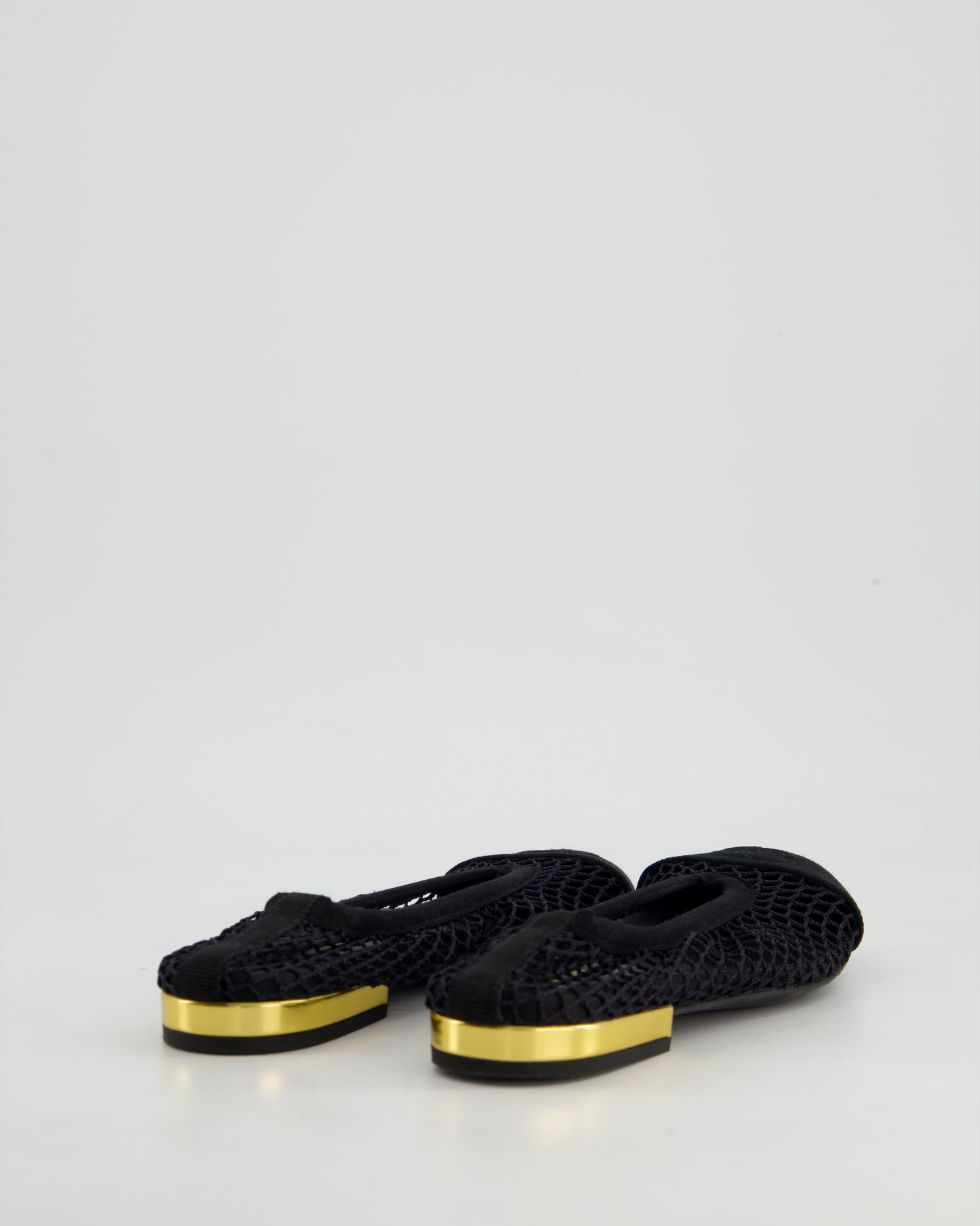 Chanel Black Ballerina Shoes in Mesh & Grosgrain with Gold Heel Detail & CC Logo Size EU 35