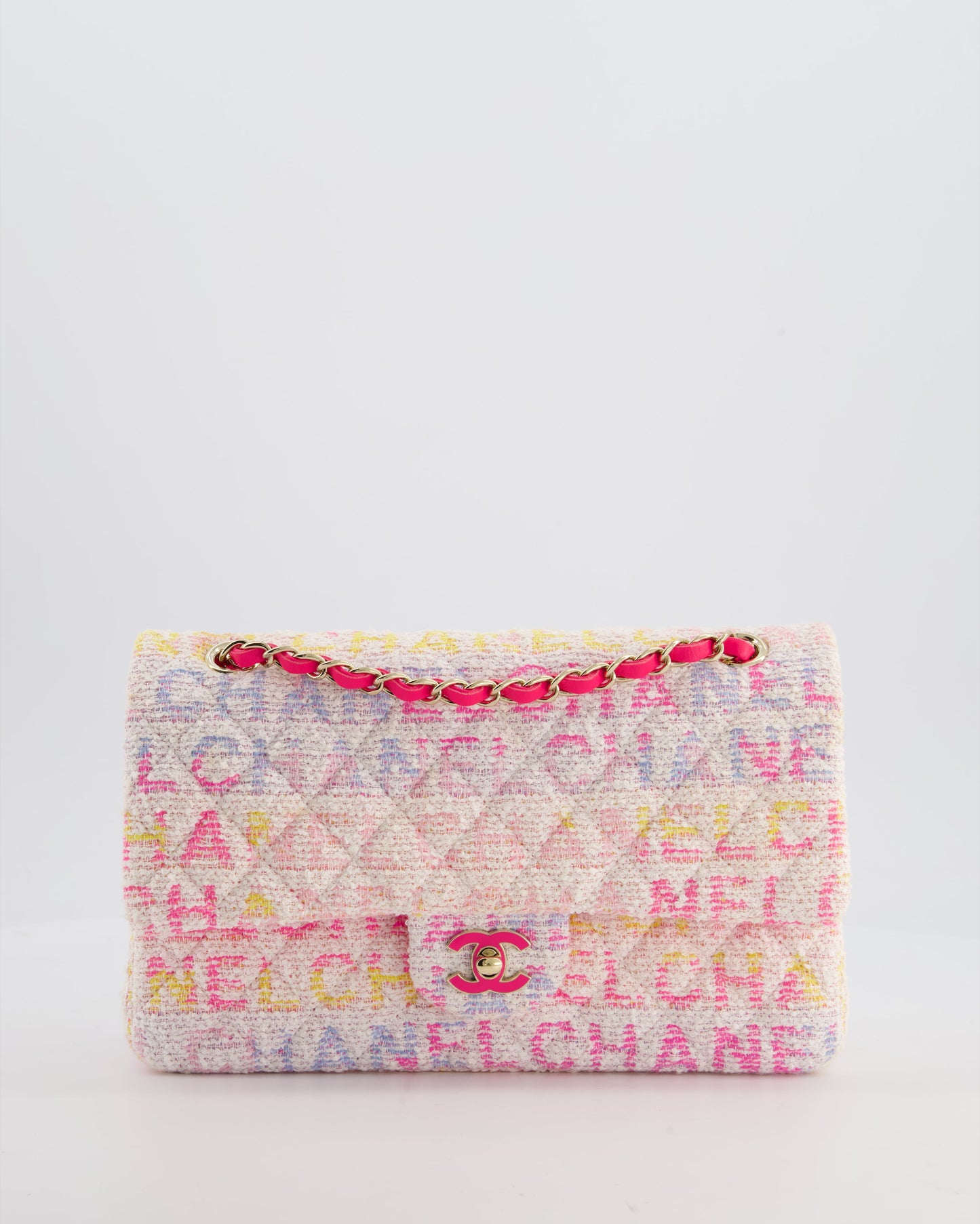Chanel 2024 White & Pastel Multicolour Tweed Medium Classic Double Flap Bag with Pink, Gold Hardware