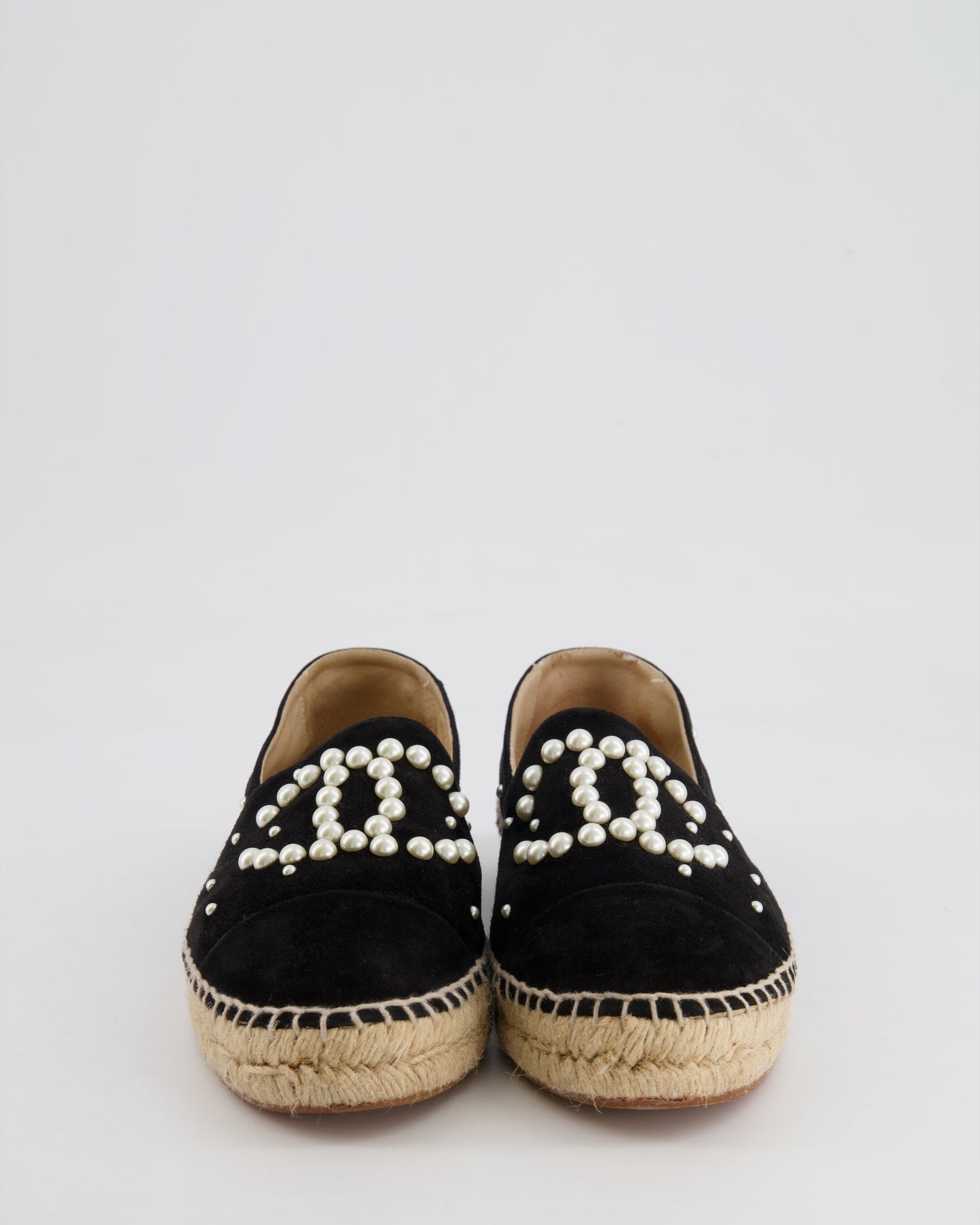 Chanel Black Suede Espadrilles with Pearl Embellishments and CC Logo Size EU 38