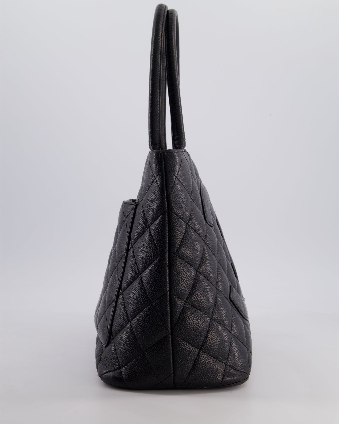 Chanel Vintage Black Medallion Tote in Black Quilted Caviar Leather with Gold Hardware