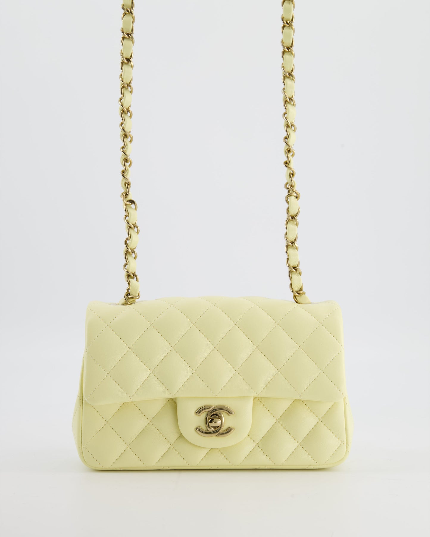 Chanel Classic Mini Rectangular Flap Bag in Pale Yellow Lambskin Leather with Silver Hardware