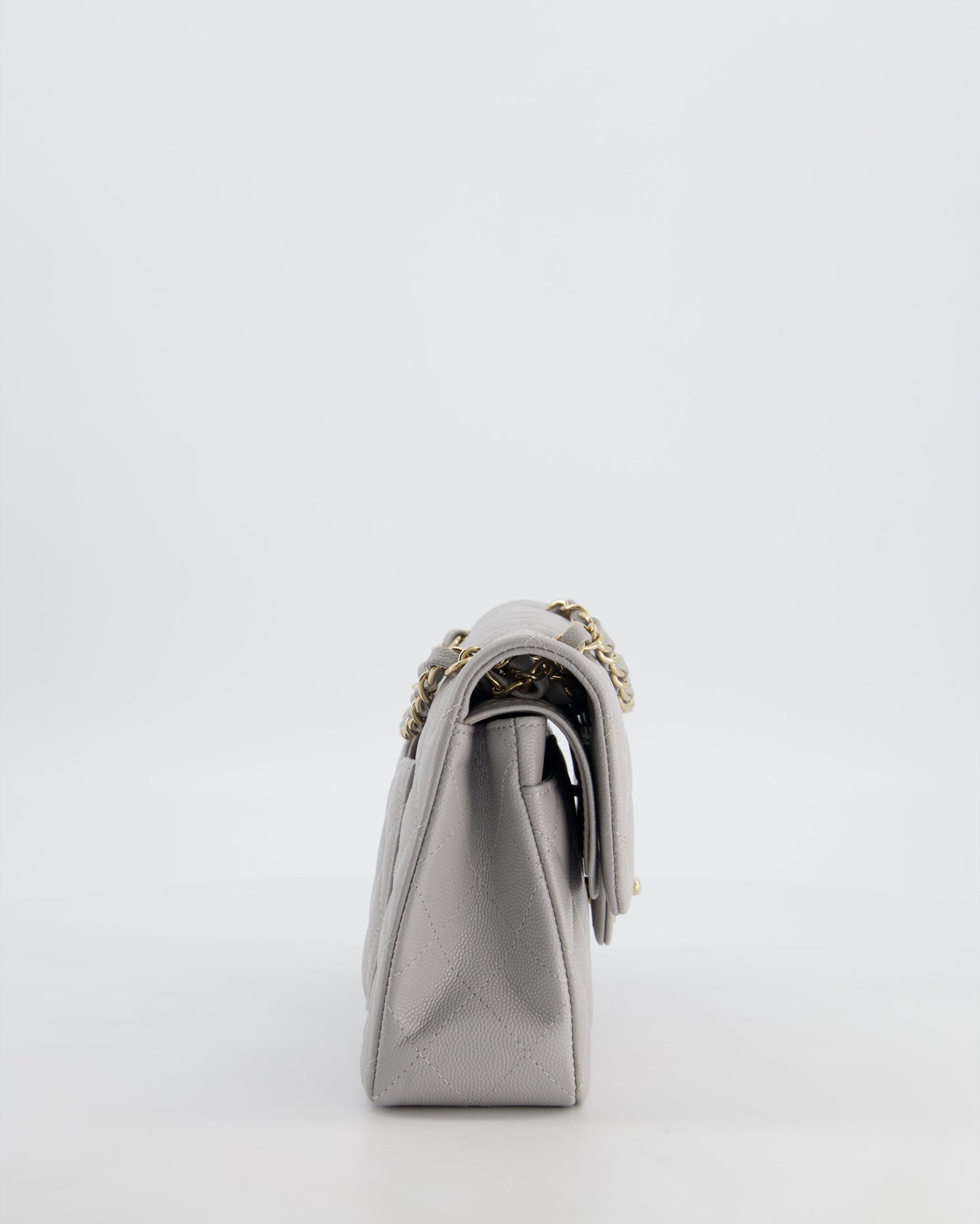 Chanel Dove Grey Small Classic Double Flap Bag in Caviar Leather with Champagne Gold Hardware