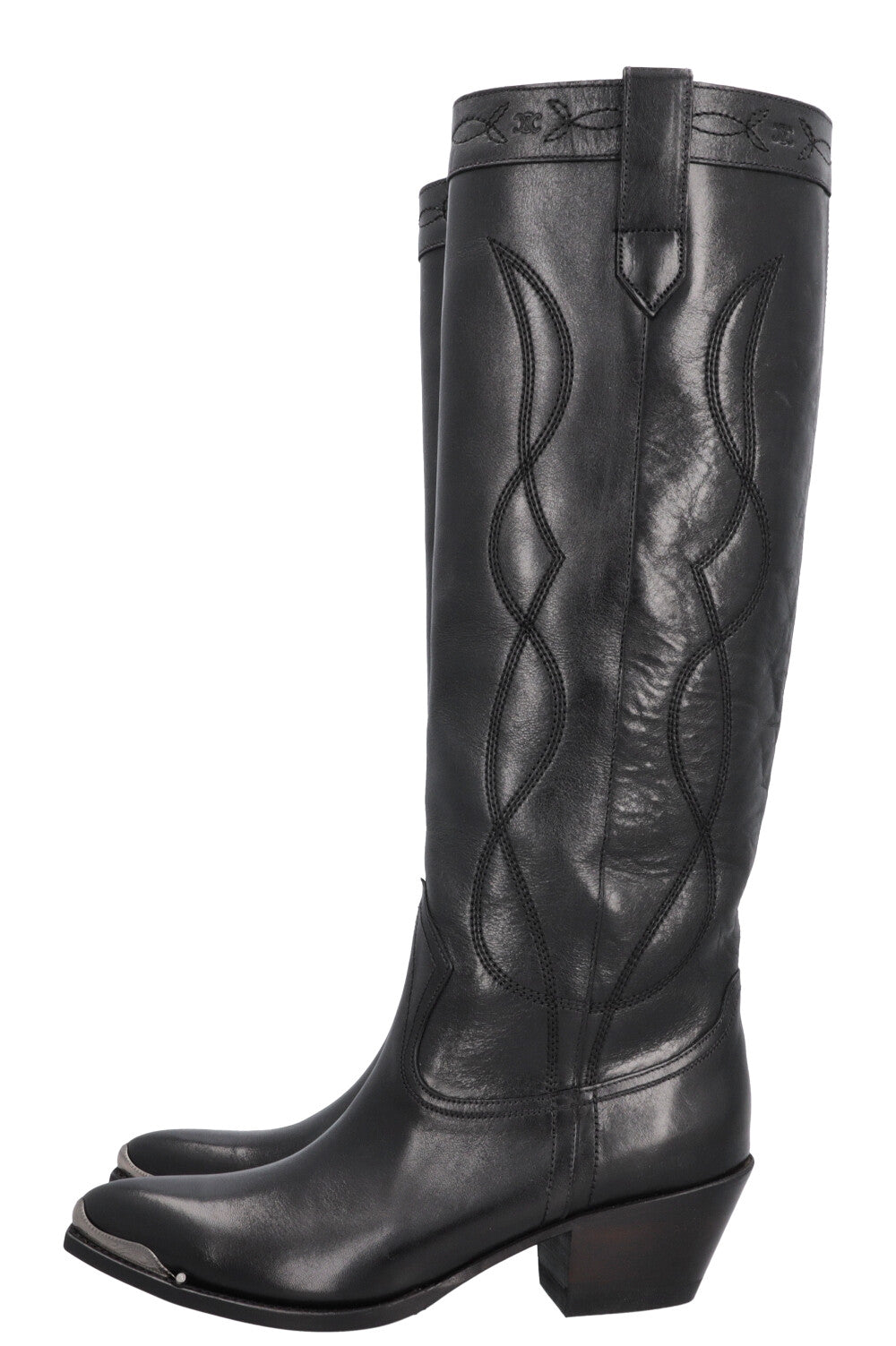 CELINE Knee High Cowboy Boots Black Silver