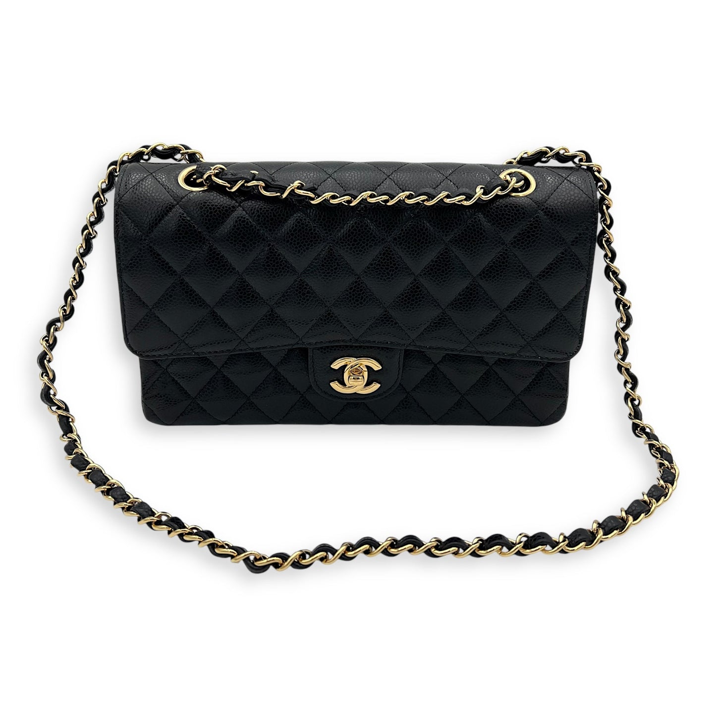 Classic Double Flap Medium Black Shoulder Bag in Caviar Leather, Gold hardware