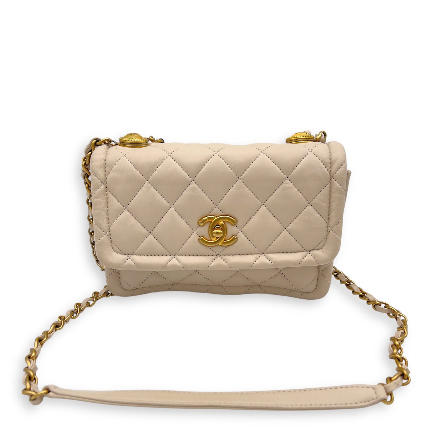 Button On Top Crossbody Bag White in Lambskin, Gold hardware