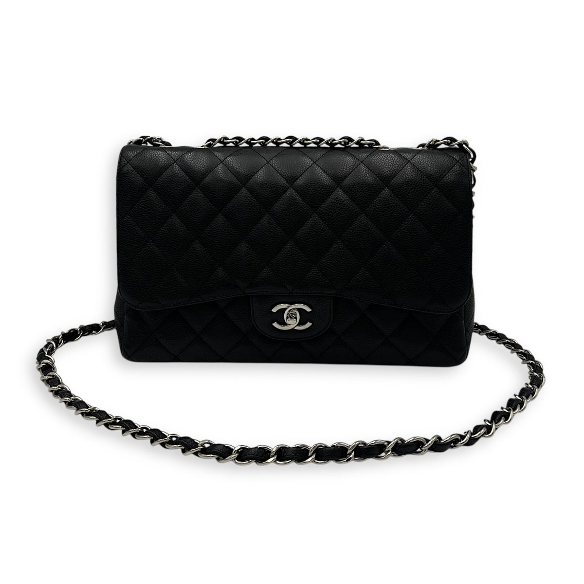 Classic Jumbo Black Shoulder Bag in Caviar Leather, Silver hardware