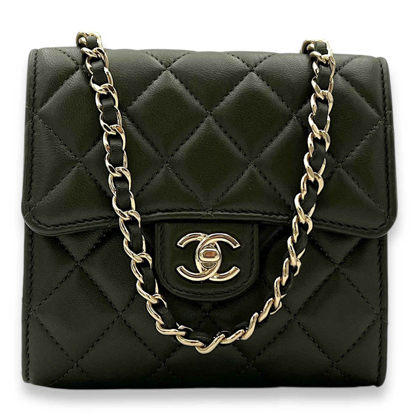 CC Wallet Crossbody Bag Green in Lambskin, Gold hardware